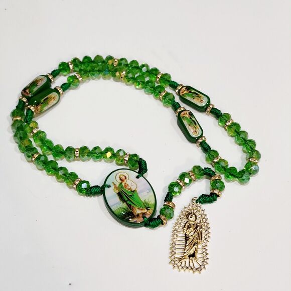 San Judas Tadeo Rosario Necklace crystal beads Rosary Saint Jude 10mm 2 sided - Picture 8 of 12